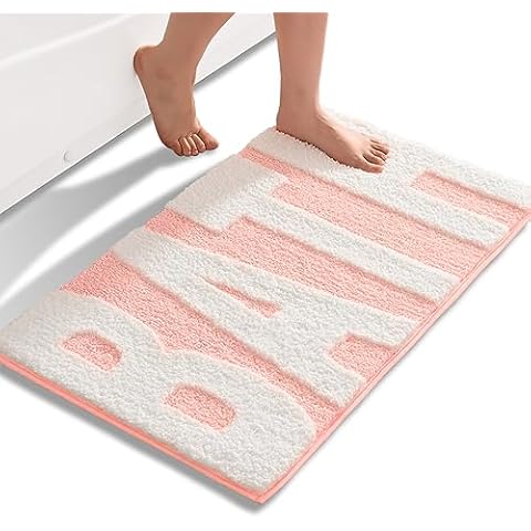 Anybar Bathroom Rugs Pink and White Bath Mats for Bathroom Non Slip Floor Mat, Thick Soft Shaggy Bath Rug Cute Bathroom Deocr, Super Absorbent Bathmat Machine Washable Carpet for Shower, 20 x 32 Cover