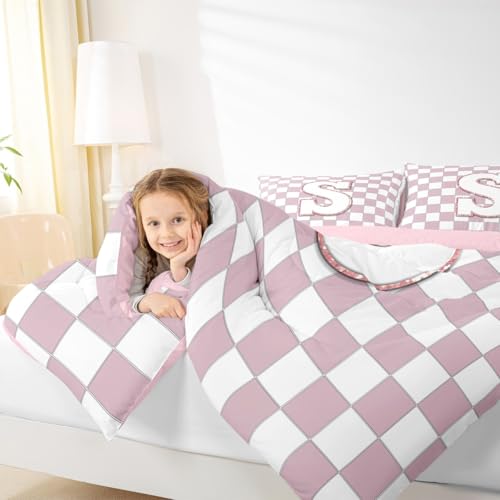 Image of Erosebridal Pink Initial S Kids Comforter Sets Kawaii Plaid Checkered Full Bedding Set for Girls Teen Women Cute Personalized Monogram Comforter Set,Fashion Grids Gingham Quilt Duvet 3 Pcs