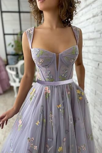 Women's Tulle Flower Embroidery Prom Dresses Lace Sleeveless Formal Evening Party Gowns Tea Length A-line Ball Gown3