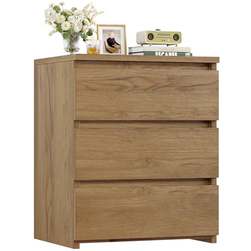 Image of FOTOSOK Nightstand with 3 Drawers, Wood Bedside Table Night Stand for Bedroom with Cut-Out Handle, Sofa Side Table 3 Drawer Nightstand for Bedroom, 17.7W*15D*21.7H, Natural Wooden Grain