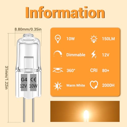 Liuyife 12 Stück G4 10W Halogen Leuchtmittel 12V, Dimmbar Halogenlampen, Warmweiß 2700K 150LM Halogen Stiftsockellampe, G4 Kapsel Glühbirnen für Dunstabzugshauben, Küchen, Leuchter
