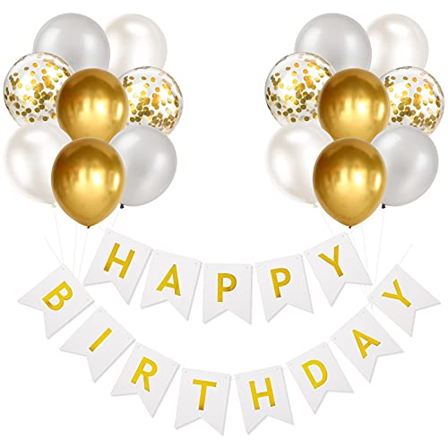 Shinelee Happy Birthday Girlande Geburtstag Luftballons Weiß Party Deko Banner Konfetti Ballon Gold Alles Gute Zum Geburtstag Girlande für Geburtstagsdeko Männer Frau Mädchen Cover