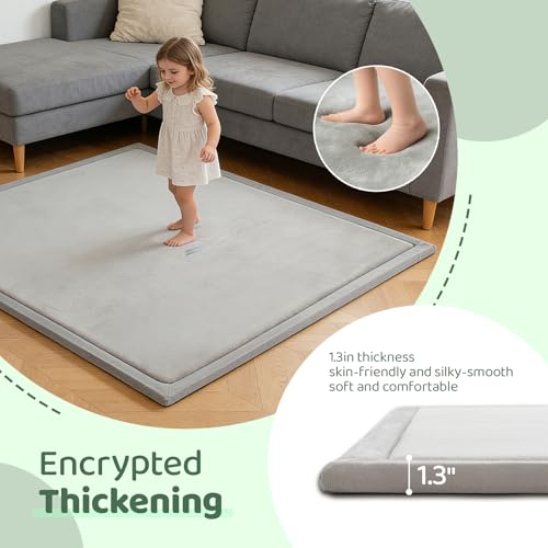 Image of Baby Play Mat for Floor, 1.3 Inch Thick Memory Foam Tummy Time Mats with Non Slip Backing, Soft Coral Velvet 50x50 Inch Playpen Mat Crawling Tatami for Infants Toddlers Kids, Light Grey
