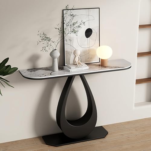 Mesa consola de cristal fina y metal con base geométrica de alta resistencia