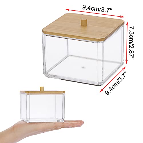 OGANAZI Wattestäbchen Box Acryl Wattepads Behälter Transparent Aufbewahrungsbox mit Bambusdeckel Klein Schminktisch Organizer für Tupfer, Tampon, Beauty-Ei, Schmuck, Kosmetik, Haarbänder (Quadrat)