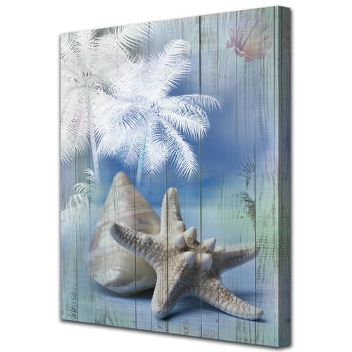 Acocifi Bathroom Wall Art, Coastal Wall Art for Bathroom, Blue Pictures, Starfish Seashell Canvas Print Artwork for Bedroom Living Room Nursery Home Painting Decor 12"x16"