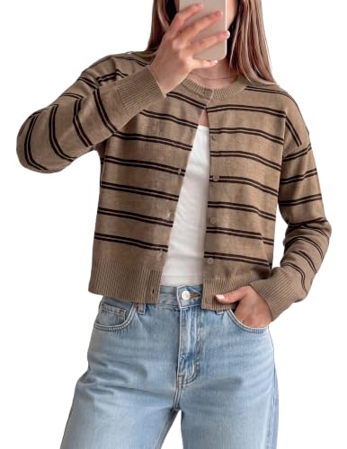 GRACE KARIN Women Cropped Lightweight Cardigan Summer Open Front Cardigan Sweaters Button Up Knit Bolero Shrugs Khaki Coffee XL