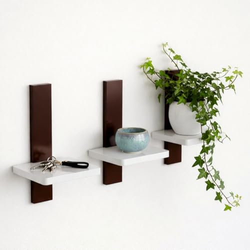 Image of Set of 3 Wall Mounted Floating Shelves | White Wooden Display Shelf with Brown Vertical Back Panel | Modern Minimalist Wall Decor for Living Room, Bedroom & Office | Engineered Wood