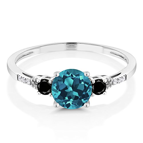 Gem Stone King 10K White Gold London Blue Topaz Black Diamond and White Diamond Accent 3-Stone Engagement Ring For Women (0.93 Cttw, Round 6MM, Gemstone November Birthstone)2