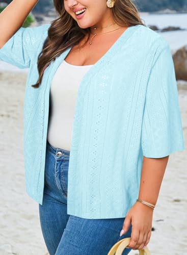 Image of Eytino Plus Size Cardigan for Women Half Sleeve Knitted Jacquard Summer Kimono Cover up Tops(1X-5X)