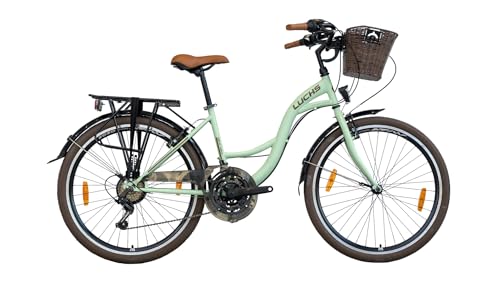 LUCHS 24' 26' 28' Zoll Feline Citybike mit Rattankorb – Hollandrad 21 Gang, Kinderfahrrad, Mädchenfahrrad & Damenfahrrad (26' Zoll (21Gang), Frühlingsmint (Mintgrün))