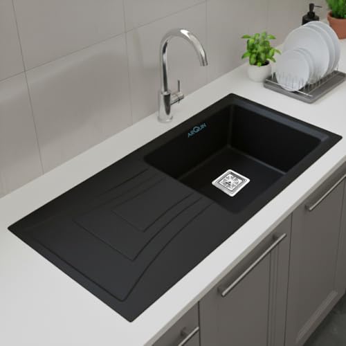 Image of ARQUIN Kitchen Sink 36x18x9 Inch Quartz Sink with Drain Board Black Granite sink for kitchen basin,UV Protected, Undermount | Topmount Including Coupling, Waste Pipe & Strainer Basket
