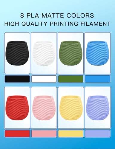 Image of PINBALL 8 KG Matte PLA 3D Printer Filament 1.75mm, Matte Surface Multicolor PLA Filament, Individually Vacuum Packed, 1kg Spool, 8 Rolls, Black+White+Red+Yellow+Blue+Green+Purple+Pink