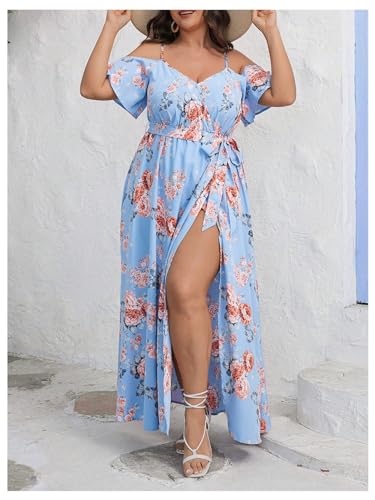 Image of Floerns Women's Plus Size Cold Shoulder Short Sleeve Split Thigh Long Dress