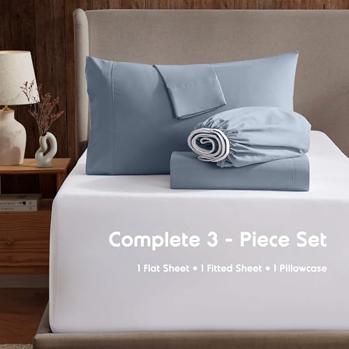 Image of Nestl Twin Bed Sheet Set - Stone Blue - 3-Piece Deep Pocket | Instantly Soft, Night-One Ready (No Wash Required). Fits 16-Inch Deep Pockets, 360-Degree Elastic Grip