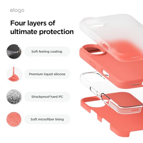 Image of elago Compatible with iPhone 16 Case, Premium Liquid Silicone Case, Full Body Protective Cover, Shockproof, Slim Phone Case, Anti-Scratch Soft Microfiber Lining, 6.1 inch (Pomelo Pink)