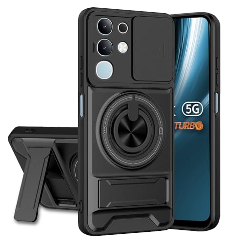 Image of Vivo T4X / Z10X / Y31 Pro 5G Back Cover | Armor Camera Slider 360 Degree Rotating Finger Ring Holder Case with Bracket Stand Back Case Cover (Compatible with MagSafe Accessories) (Black)
