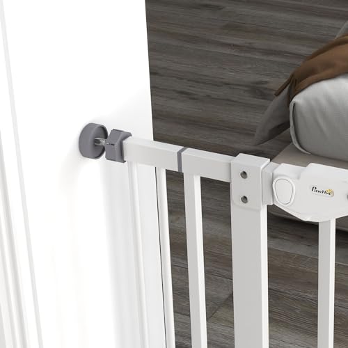 PawHut Treppenschutzgitter Türschutzgitter Ohne Bohren 74-101cm Kinderschutzgitter mit Katzenklappe Auto-Close Einhand Öffnung doppelte Verriegelung Türgitter für Kinder Haustier für Treppe Tür Weiß