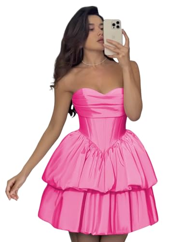 SEIM Strapless Corset Homecoming Dresses for Teens A Line Tiered Satin Cocktail Party Gowns