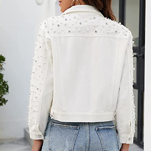 Cylady Womens Pearl Denim Jacket Oversize Rhinestone Fashion Jean Jacket Coat #TOP5