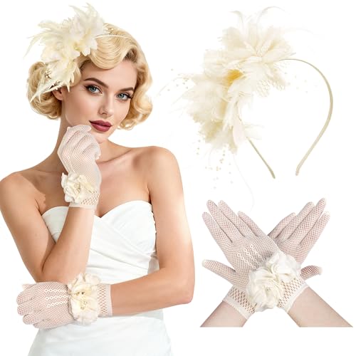 Fascinators Hats for Women and Tea Party Gloves Set Headband with Feather Pearl Veil for Wedding Cocktail Dresses (Off-white One Size)