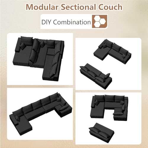 Image of Modern Modular Sectional Sofa, Big Comfy Corduroy Cloud Couch with Deep Seat, Boneless Couch Upholstered 6-Seater U-Shaped Sofa for Living Room, No Assembly Required (Black, Left-Facing Chaise)