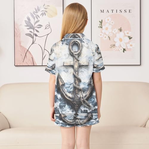 ALAZA Anchor Retro Vintage Satin Pajamas Set Short Sleeve Button Down Sleepwear Summer Pjs 2 Piece4