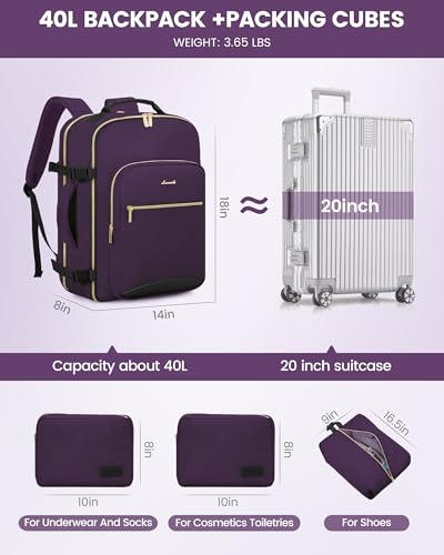 Image of LOVEVOOK 40L Travel Backpack Flight Approved Carry on Backpack,3 Packing Cubes,Waterproof Personal Item Travel Bag,TSA Carry on Luggage Suitcase Travel Essentials,Gifts for Women & Men,fits 17 inch Laptop