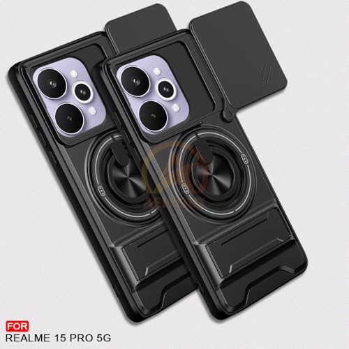 Image of Realme 15 5G / 15 Pro 5G Back Cover | Armor Camera Slider 360 Degree Rotating Finger Ring Holder Case with Bracket Stand Back Case Cover (Compatible with MagSafe Accessories) (Black)
