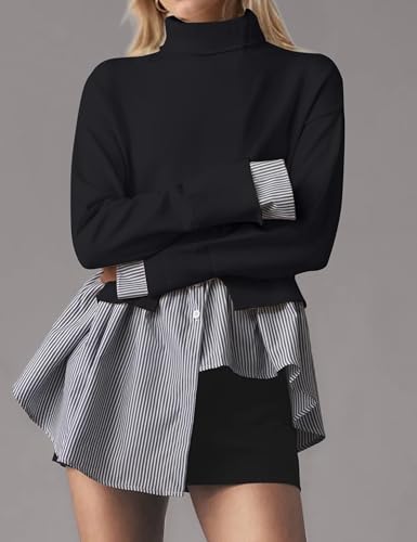 Women Asymmetrical Patchwork Sweaters Slit Turtleneck Pullover Sweater Dress 2 in 1 Sweater Shirt Tunic Sweater Tops3