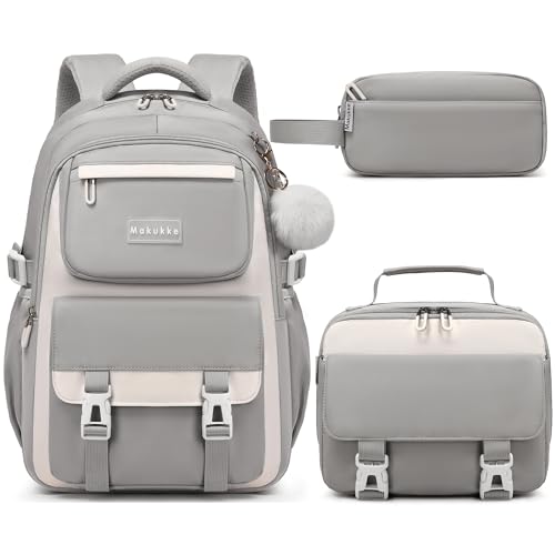 Makukke School Backpack for Girls Book Bag Set, School Bag for Teens Girls Kid Children Elementary Middle School Student, Waterproof Gray Backpack by Makukke - Used condition - CA$35.93