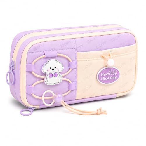 Image of Kawaii Cute Aesthetic Pencil Case 3 Layer 6 Compartment Large Capacity for Students | Pencil Pouch with Zipper | Cartoon Stationery Organizer Bag for Kids, Pencil Case for Girls & Boys (Nice Purple)