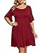 Pinup Fashion Plus Size Casual Dresses Women Babydoll Burgundy Summer Knit Bell Sleeve T-Shirt Short Swing Sundress with Pockets
