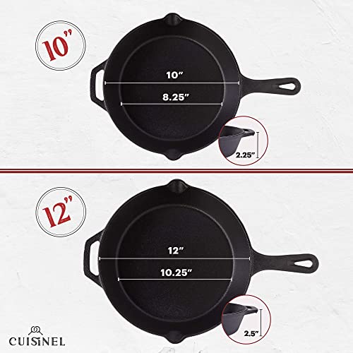 Image of Cuisinel Cast Iron Skillets Set - 4-Piece Chef Pans Kit - 6 inch + 8 inch + 10 inch + 12 inch-Inch + 4 Silicone Grip Handle Holders - Pre-Seasoned Oven Cookware - Use Indoor /Outdoor, Grill, Stovetop, BBQ, Firepit