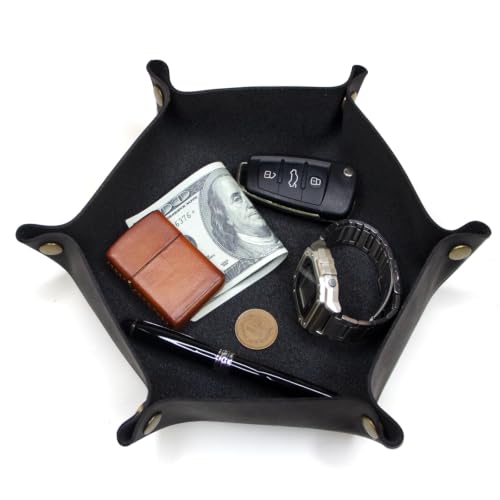 Image of boshiho Valet Tray for Men, Leather Jewelry Catchall Key Phone Coin Box Change Caddy Bedside Storage Box (Jet Black)