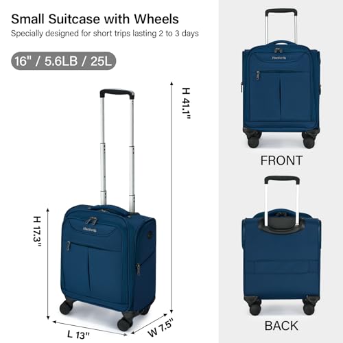 Image of Hanke 45CM Small Soft Shell Cabin Trolley Bags, 8 Silent Spinner Wheels,Charging Port, 8 Storage Compartments, Lightweight Compact Carry-On Luggage for Short Trips & Overnight Use,Blue