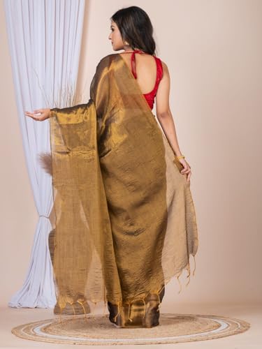 Image of Women's Tissue Cotton Saree | Plain Lightweight Tassel Pallu Saree with Blouse