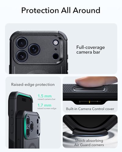 Image of ESR for iPhone 17 Pro Max Phone Case, 23ft Military-Grade Drop Protection, Shock-Absorbing Rugged Cover, MagSafe Accessories Compatible, Cyber Series, Black