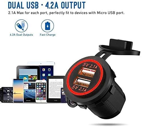 Linkstyle 12V 4.2A Dual USB Charger Socket Waterproof Power Outlet with Red LED, USB Car Socket Dual Charging Ports for 12V Car RV Boat Marine Motorcycle Mobile