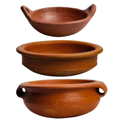 Image of Kichera Deep Burned Clay Pots for Cooking and Serving - Mud Pot Handcrafted Black Pottery Handi /Kadai Combo 1L, 2L & 3L | Pre-Seasoned Unglazed | Mitti Bartan for Rice, Biryani, Curry (RED, 6L)
