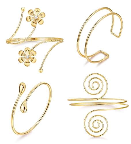 4Pcs Upper Arm Cuff for Women Open Adjustable Arm Bracelets Minimalist Coil Arm Armband Set