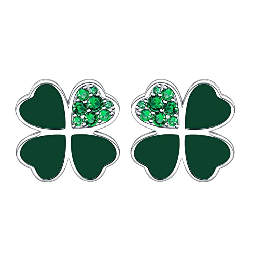 Qings Aretes de trébol de cuatro hojas Plata de Ley 925 Pendientes Corazón Lucky Hojas Verdes Brillantes Día de San Patricio Regalo de joyería floral para mujeres y niñas