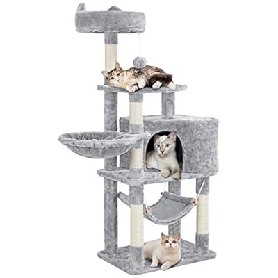 Yaheetech Cat Tree 138.5cm Cat Tower with Scratching Posts/Napping Basket/Hammock for Indoor Cats, Light Grey