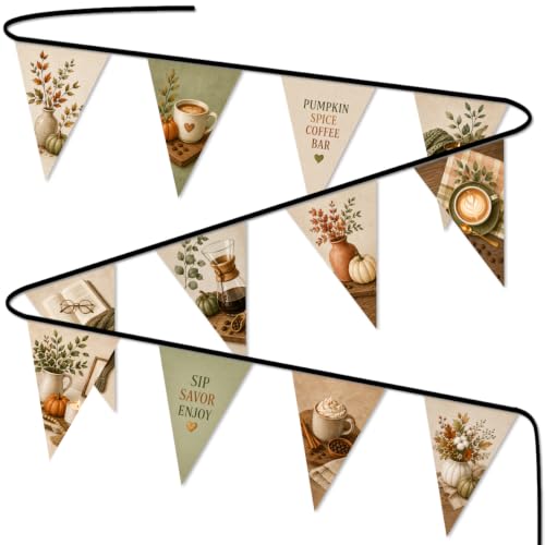 Image of Pumpkin Spice Coffee Bar Fall Banner, 12 Triangle Burlap Look Pennant Garland, Cozy Autumn Coffee Station Decor, Farmhouse Kitchen, Cafe, Thanksgiving Home Decorations, 13 ft