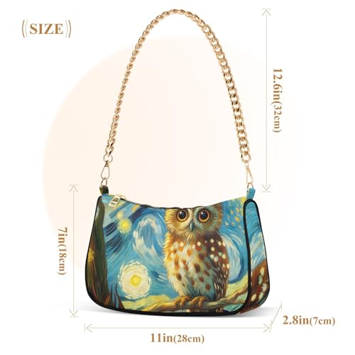 Cute Owl Starry Night Tote Handbags Womens Lady One Shoulder Bag Zipper Hobo Purse Bags with Chain Strap3