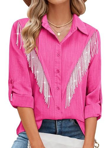 MYMORE Womens Hot Pink Rhinestone Fringe Shirt Top Country Concert Outfits Glitter Long Sleeve Button Down Shirts Nashville Western Wear Cowgirl Outfit Clothes M
