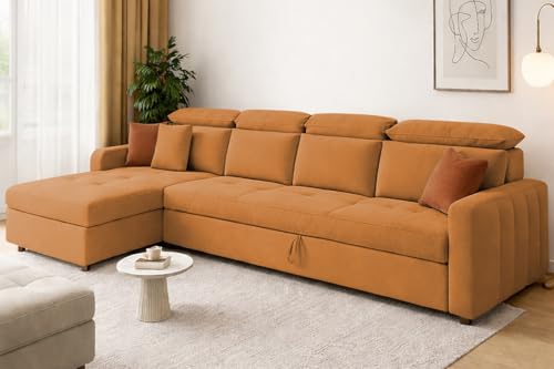 Image of Casaliving Gagnon LHS 6 Seater L Shape Corner Sofa Cum Bed for Living Room (Orange Fabric) Premium Fabric Sofa
