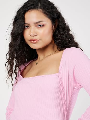 Image of SASSAFRAS Women's Slim Fit Full Sleeves Rib Square Neck Ribbed Basics - Casual Ribbed T-Shirt Tops