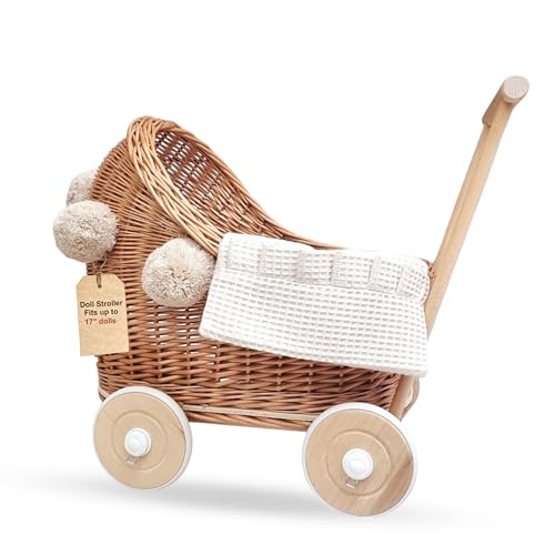 Artisanal Handwoven Rattan Doll Stroller & Pram - European Made for 17 inch Baby Dolls | Includes Mattress, Pillow & Blanket | Perfect for Imaginative Play, Role Play & Room Décor