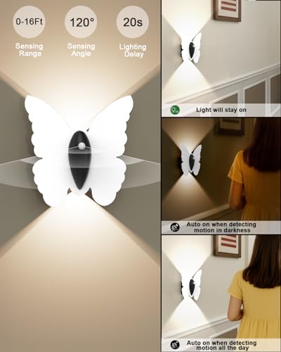 Image of Eneru Motion Sensor Wall Sconce Set of 4, Rechargeable Wall Lights, White | 5000mAh Battery Operated Wall Sconces, Motion Activated, Magnetic Butterfly Night Light for Hallway Stair Closet Pantry Porch